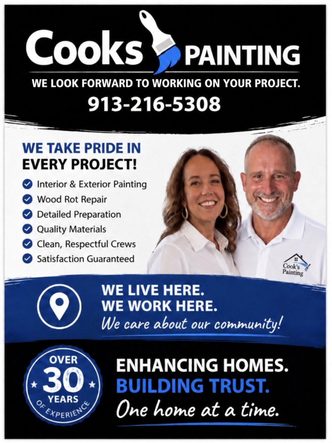 Cook's Painting Pros—interior and exterior painting, wood-rot repair, detailed preparation, quality materials, clean respectful crews, and satisfaction guaranteed